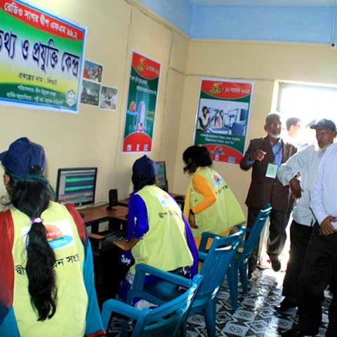 Home Minister Mr. Asaduzzaman Khan Kamal alone with Home Minister Mr. Asaduzzaman Khan Kamal along with MP Hatiya Ms. Ayesa Ferdaus visiting DUS Radio program development center run by more than hundred local volunteers